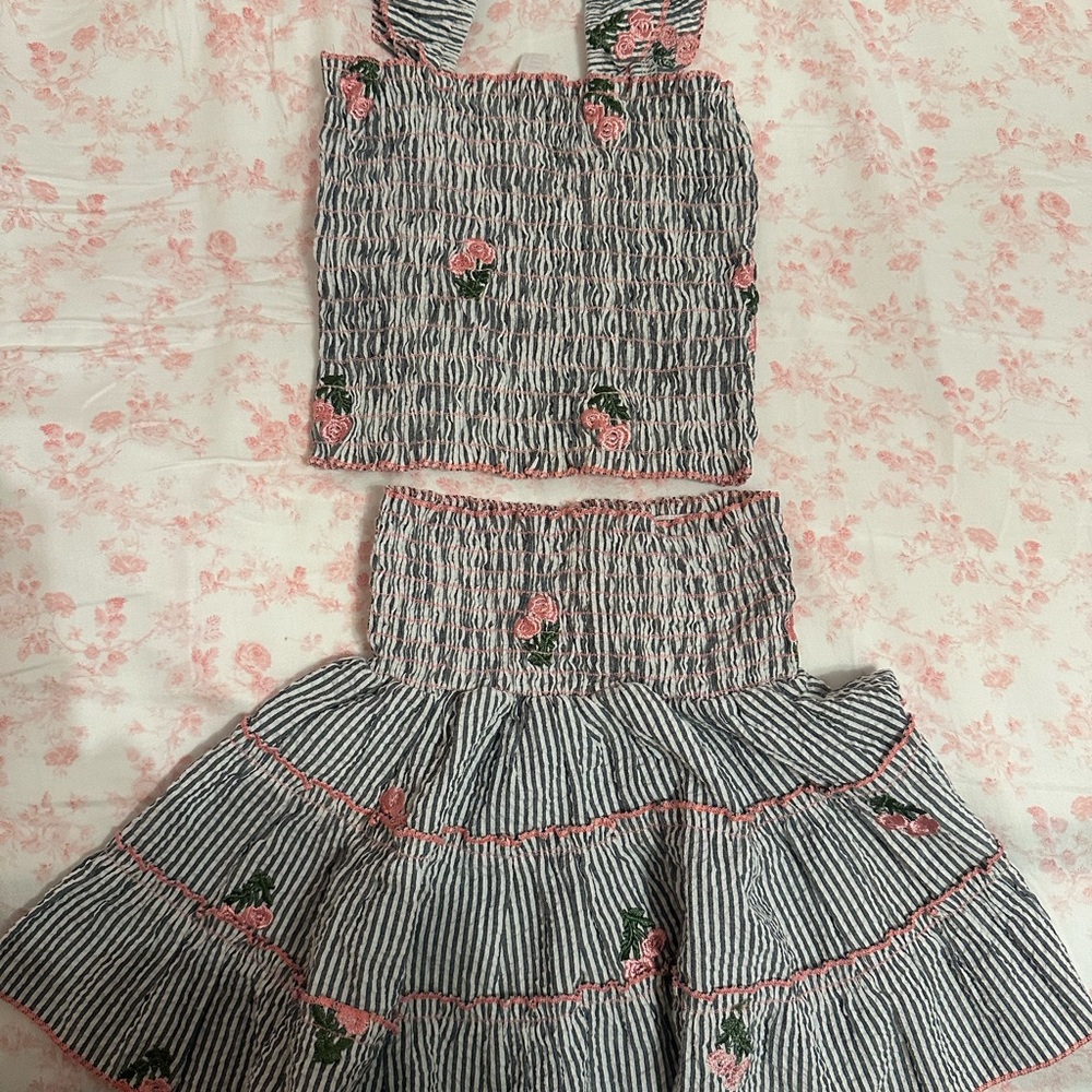 Little Mass Floral Embroidered Blue Striped Girl Matching Set